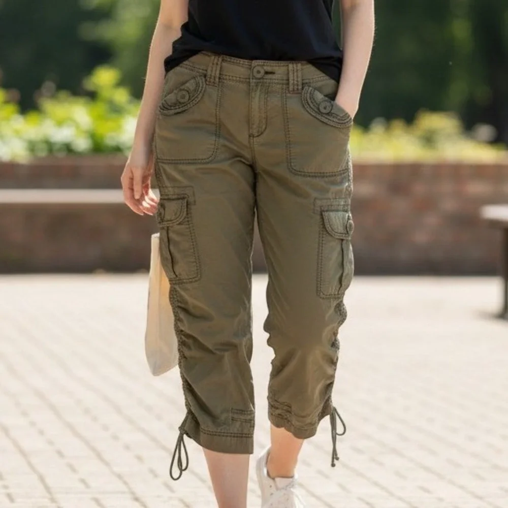 Hei Hei Anthropologie Olive Green Cargo Capri Pants Ruched Drawstring Size 10